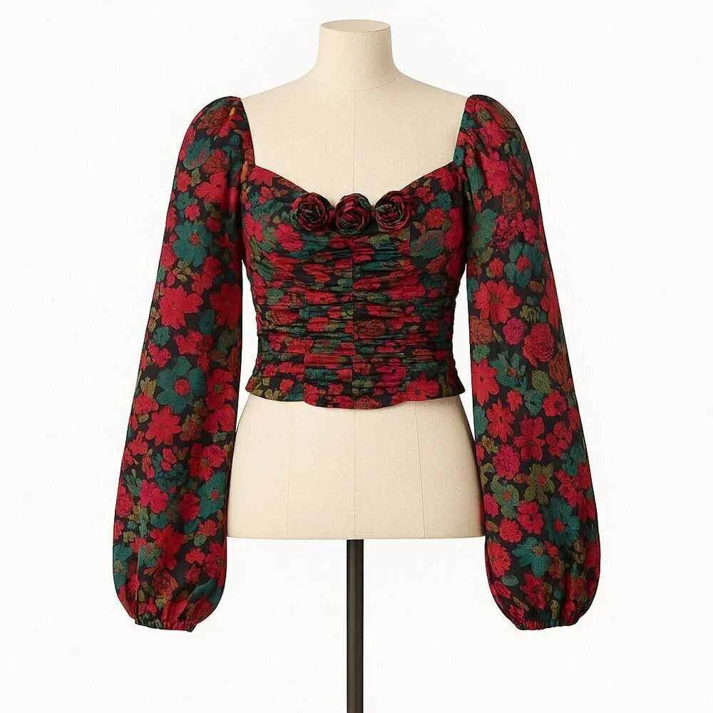 Free People Oh LaylaFloral Crop Top Sz Small Black Combo Smocking Balloon Sleeve
